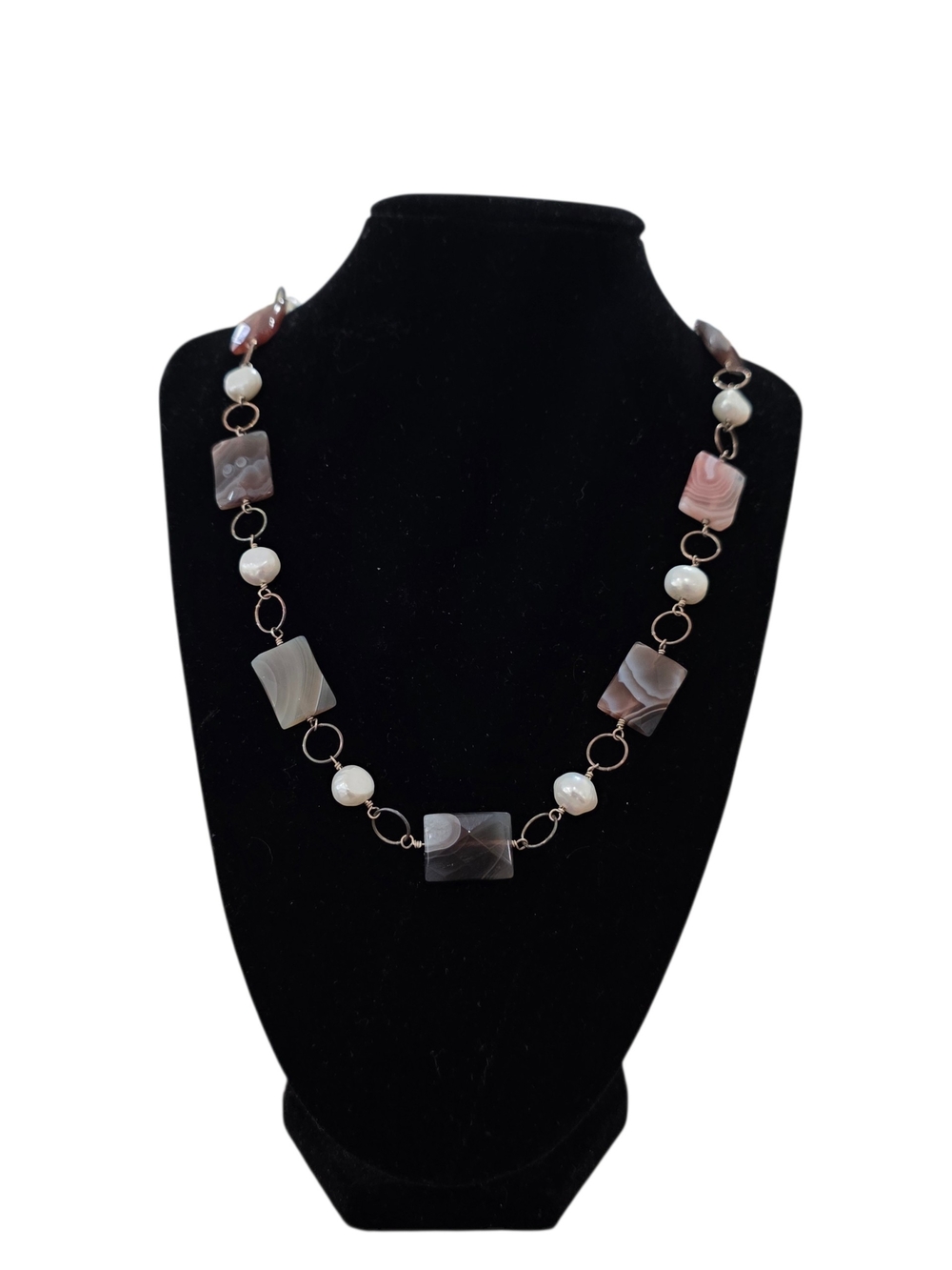 Handcrafted Agate & Pearl Link Necklace - Pink Brown Tones